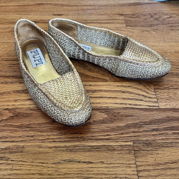Pupi Shoes - Vintage Pupi Dangieri Designer Italy Shoes Gold All Leather Woven 6.5B Glam RARE